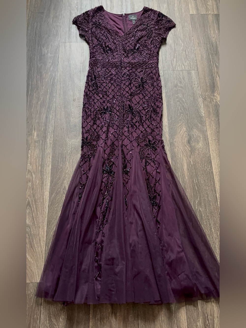 Adrianna Papell Hand Beaded Short Sleeve  Gown